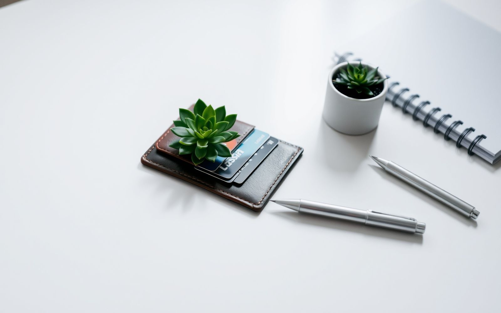 Soft-focus flat lay showing a wallet with generic credit cards, plant, and notebook symbolizing understanding credit cards.