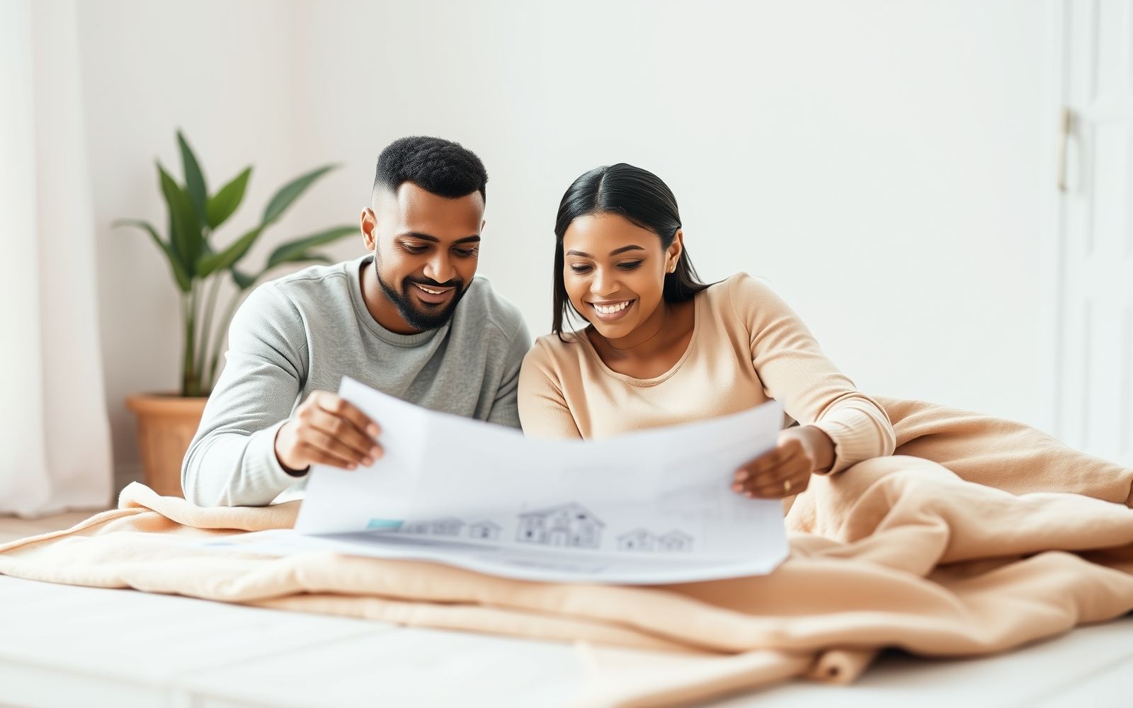 Optimistic couple reviewing house plans, symbolizing planning for mortgages and homeownership.