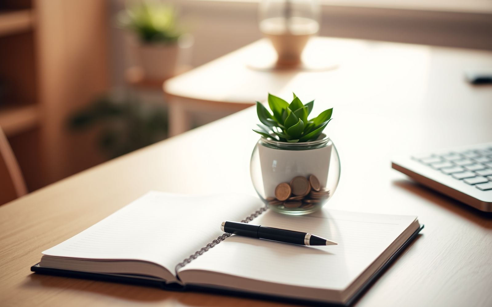 Desk with piggy bank and notebook representing understanding and reducing debt concepts.