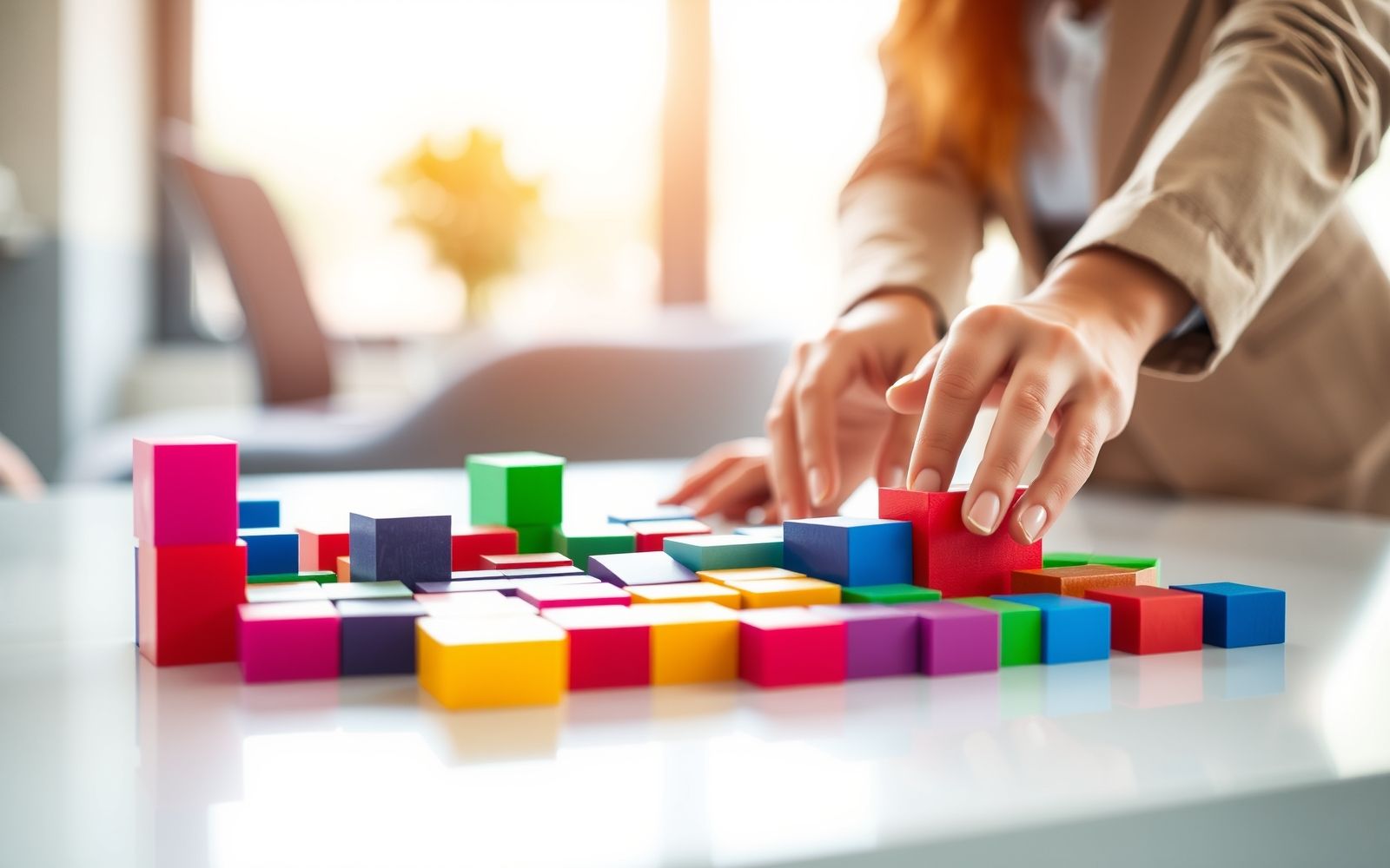 Hands arranging blocks representing asset allocation in a portfolio.