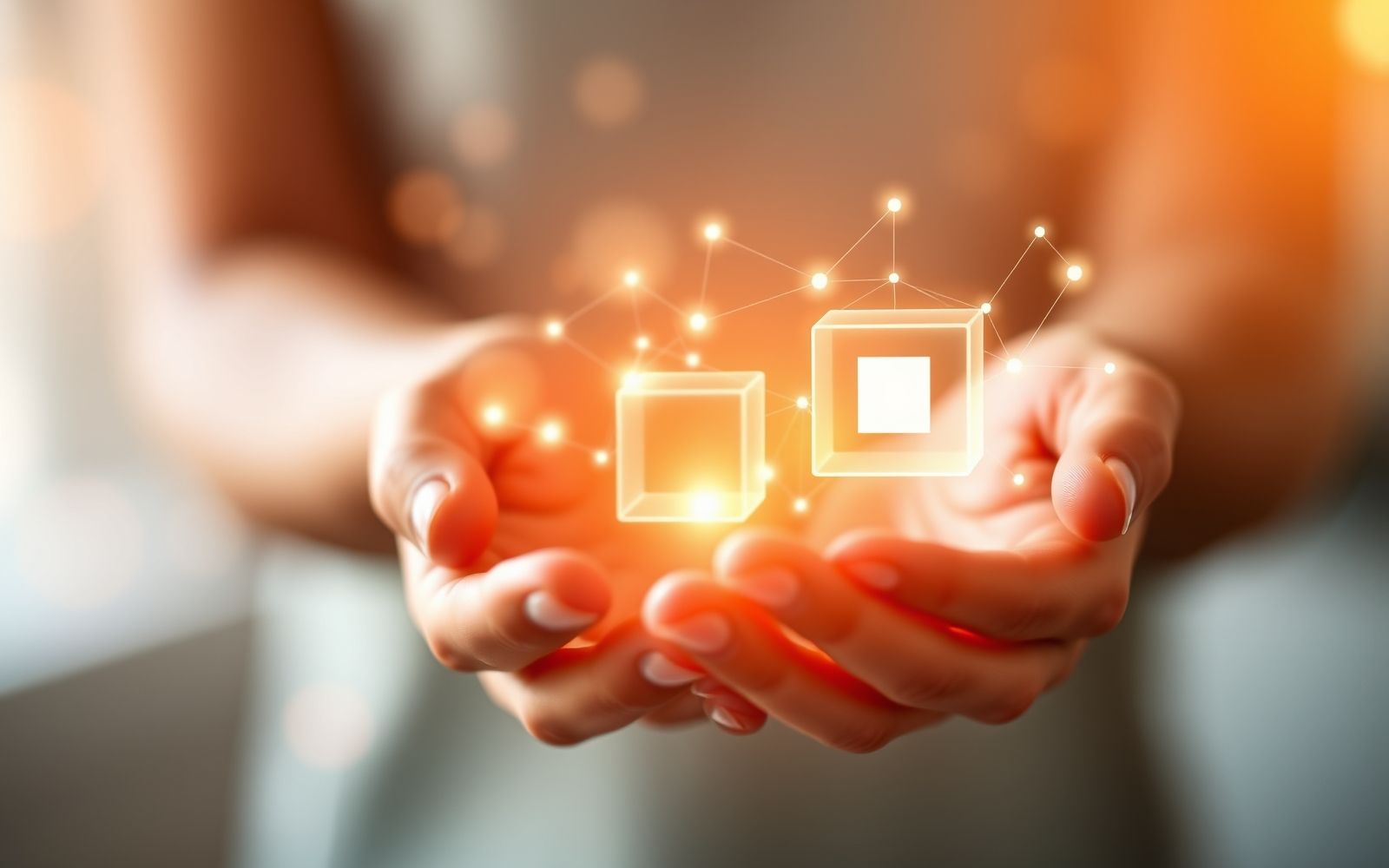Hands interacting with glowing digital blockchain nodes