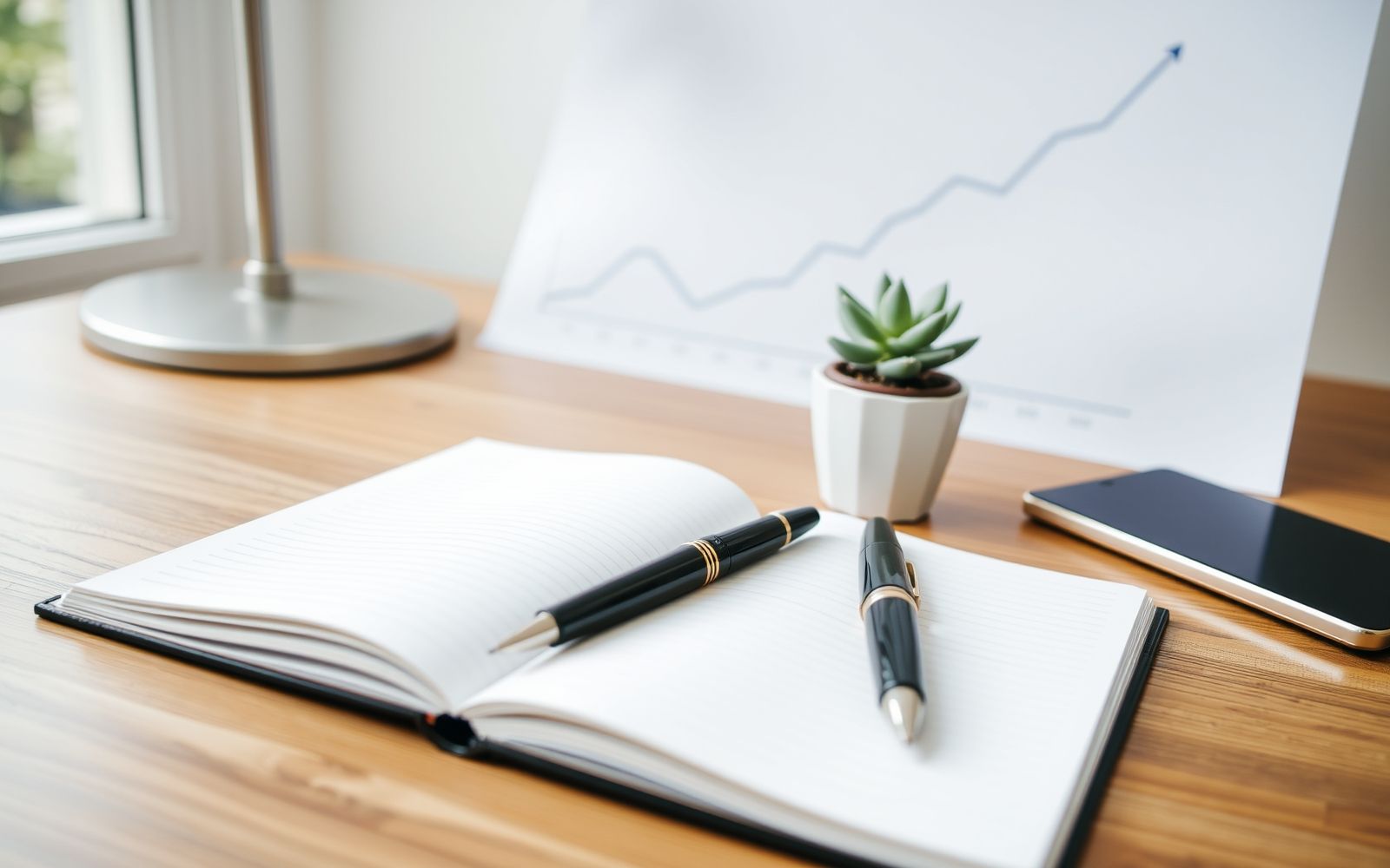 Soft-focus desk scene symbolizing planning and growth when working with a financial advisor.